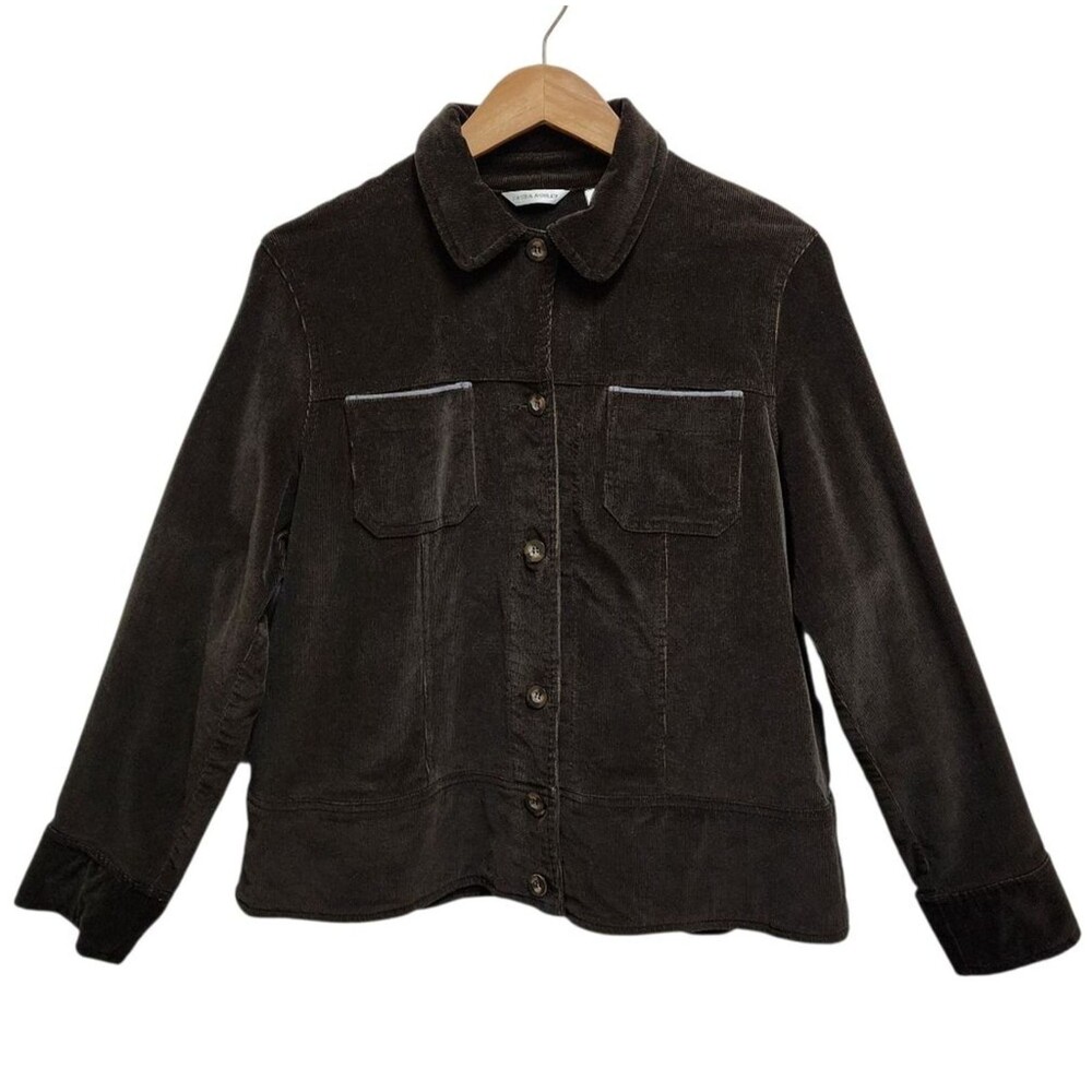 Laura Ashley Brown Corduroy Button Up Jacket Shacket Women XL Pockets Stretch